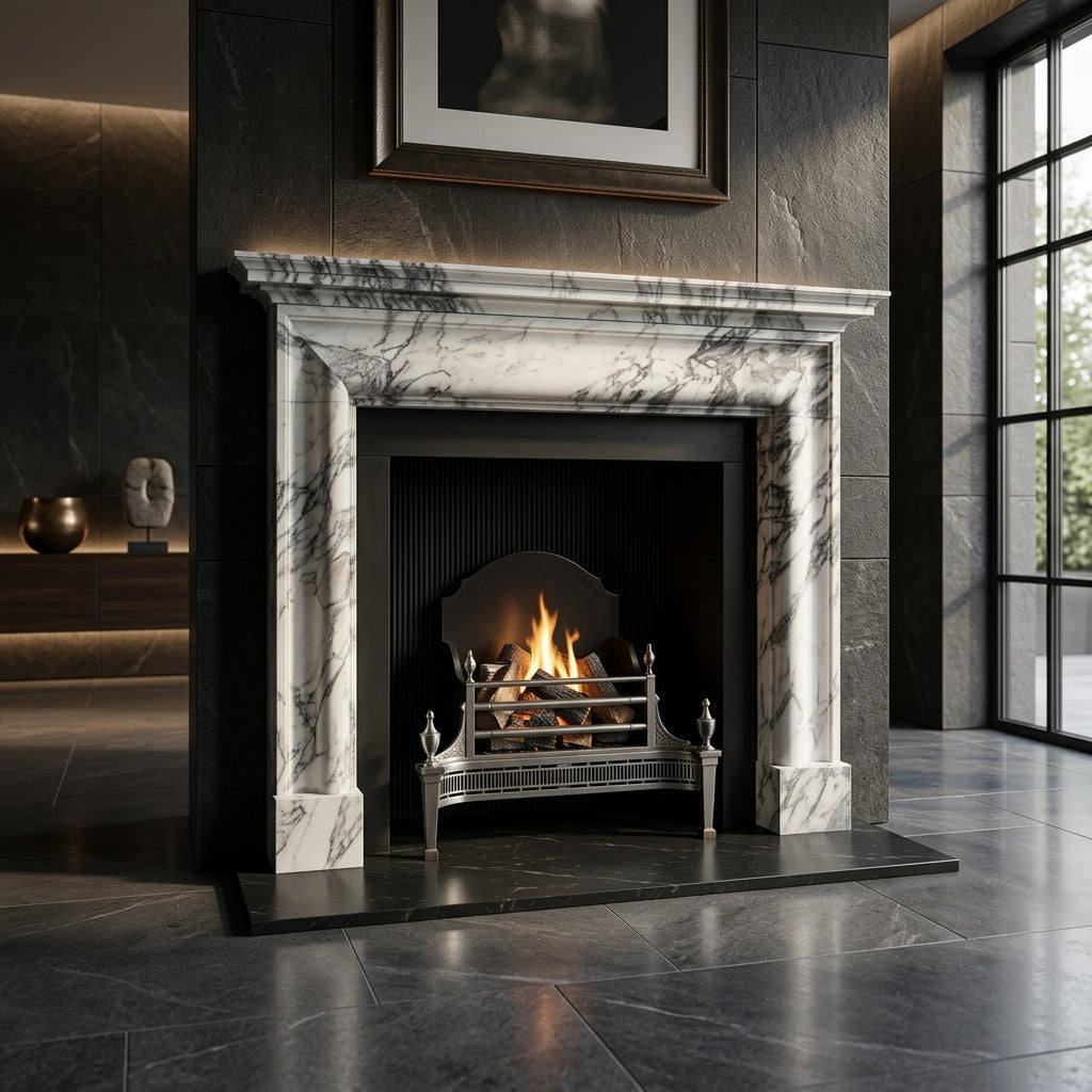Design arhitectural premium cu console laterale curbate si linii fluide pentru caminul Wave VELTHOR