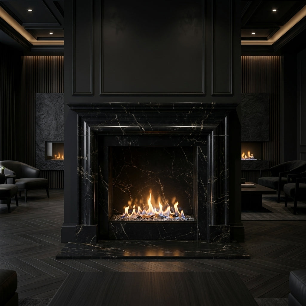 Semineu decorativ din piatra naturala model Wave din granit negru premium de lux VELTHOR