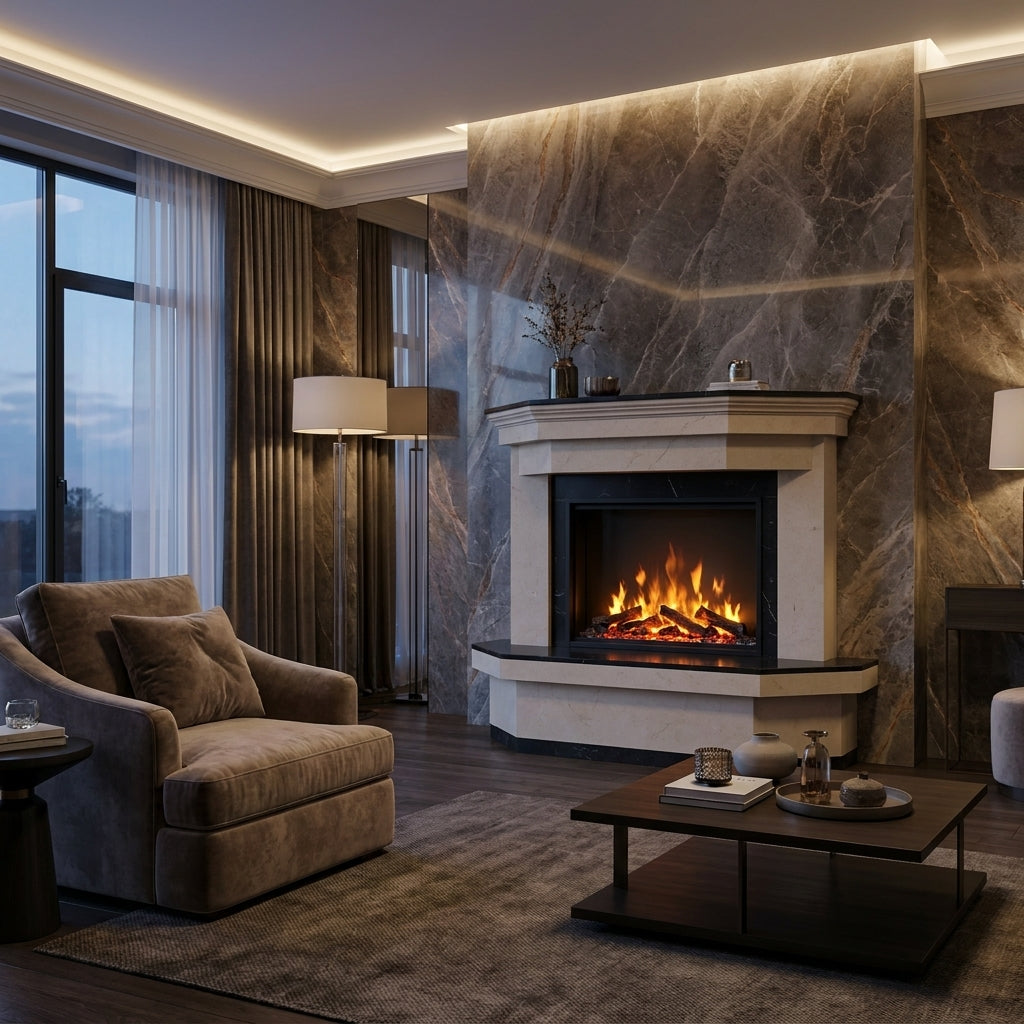 Camin din piatra naturala model Zenith din marmura bej cu finisaje premium clasice in Chisinau VELTHOR