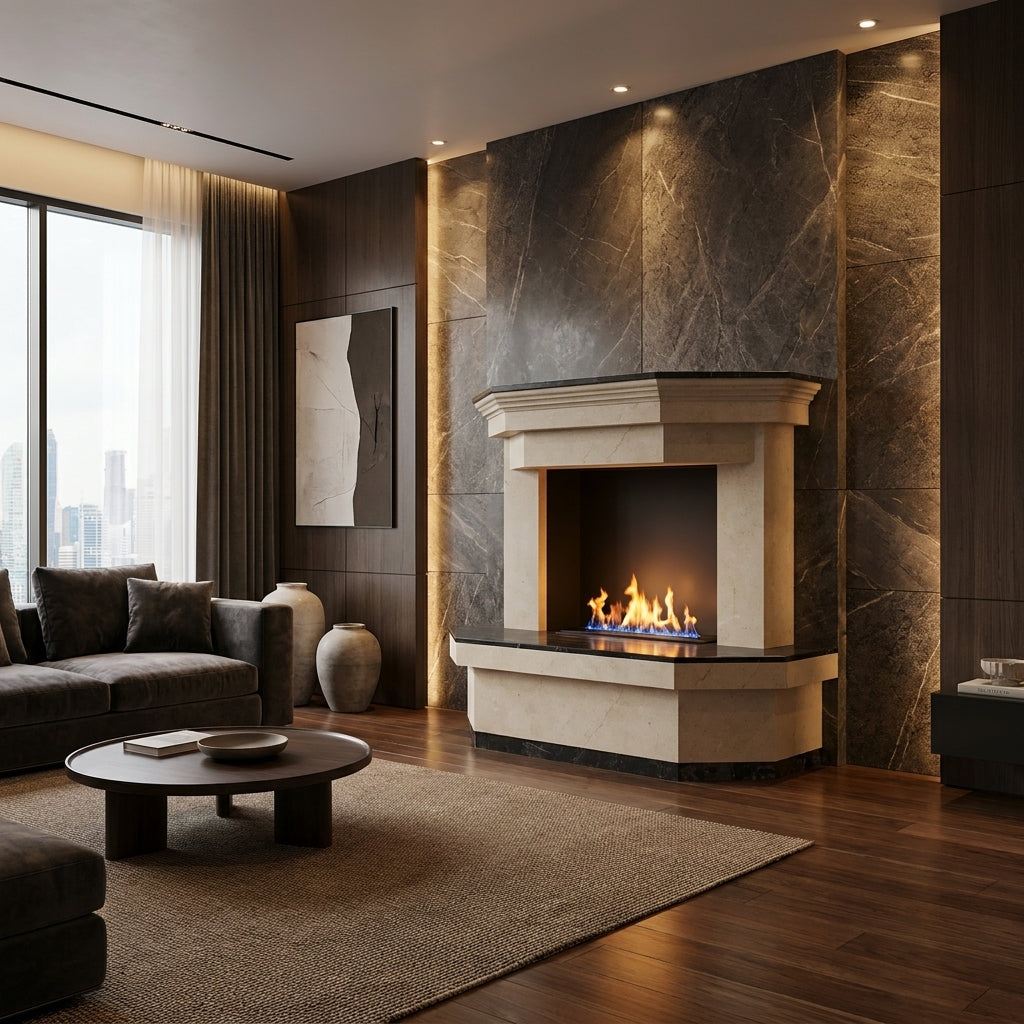 Detaliu ornamental sculptural pe cornisul premium al cadrului de camin din marmura Zenith VELTHOR