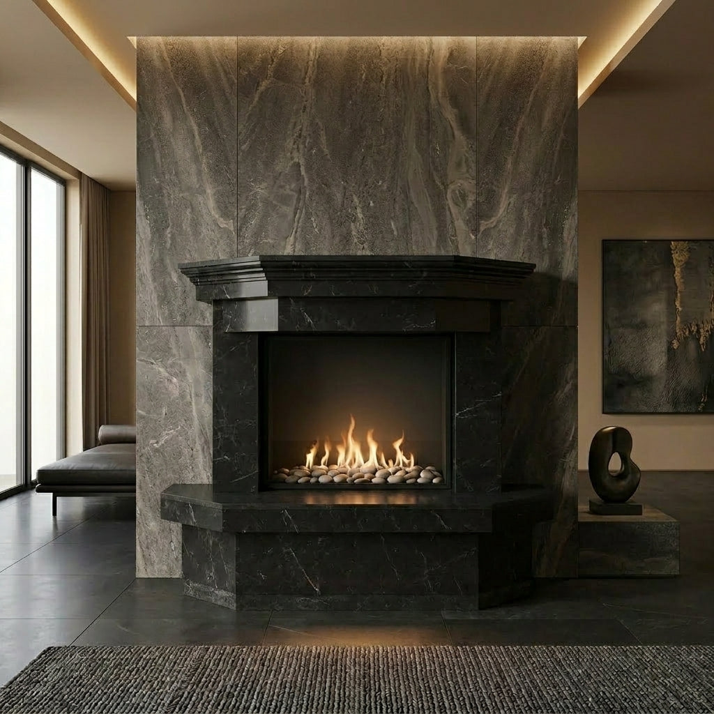 Semineu de lux din piatra naturala model Zenith din granit negru premium cu detalii sculptate VELTHOR