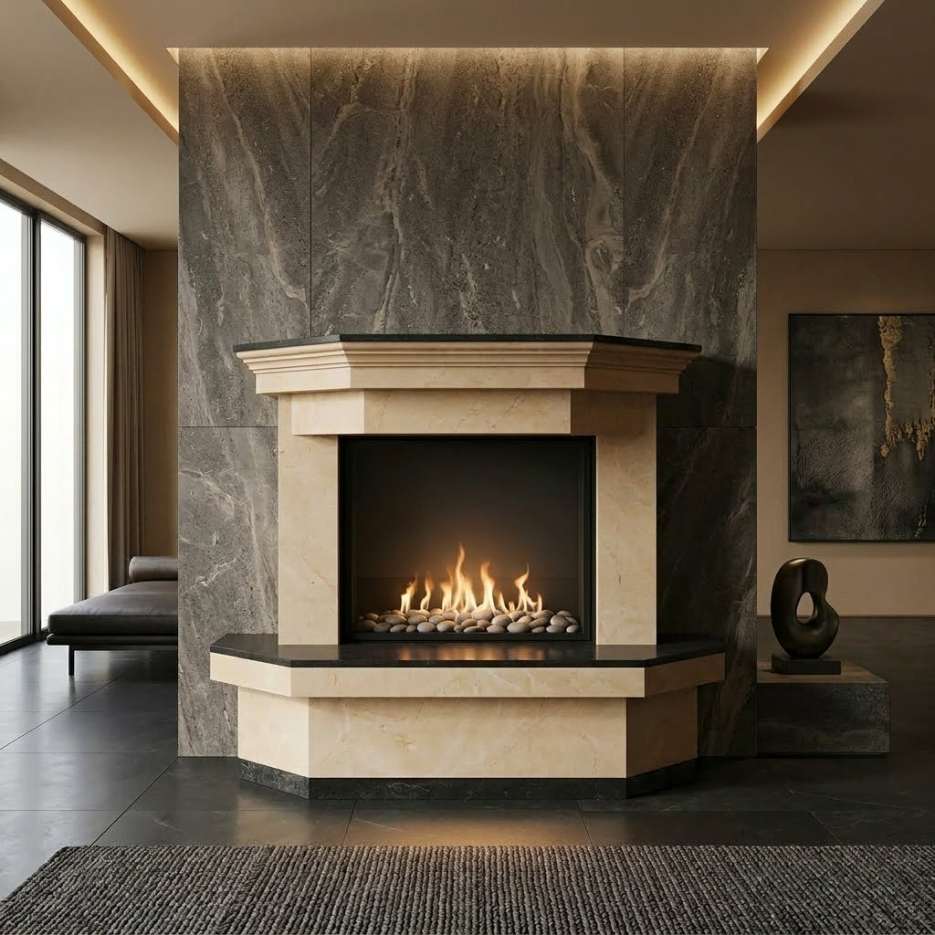 Masca de semineu din piatra naturala Zenith dimensiuni 1450x1200x300mm pentru living elegant VELTHOR