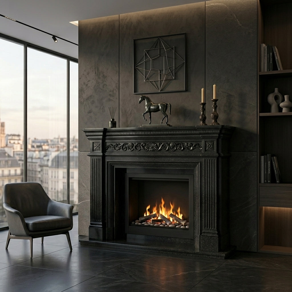 Semineu decorativ din piatra naturala model Preston II din marmura neagra cu venaturi albe unice VELTHOR